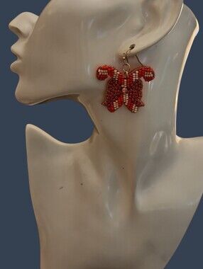 3/$30 CATO Red Beaded Christmas Candy Cane Bow Drop Earrings